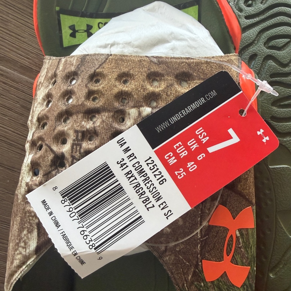 Under Armour Green and Orange Camo Slides